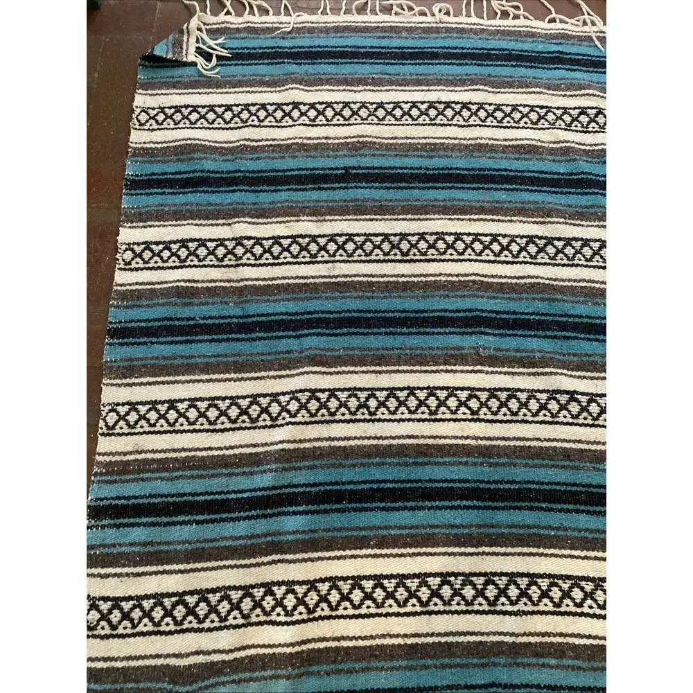 Turquoise Blue White Black Gray Western Blanket Falsa Fringed Throw 75” X 52”